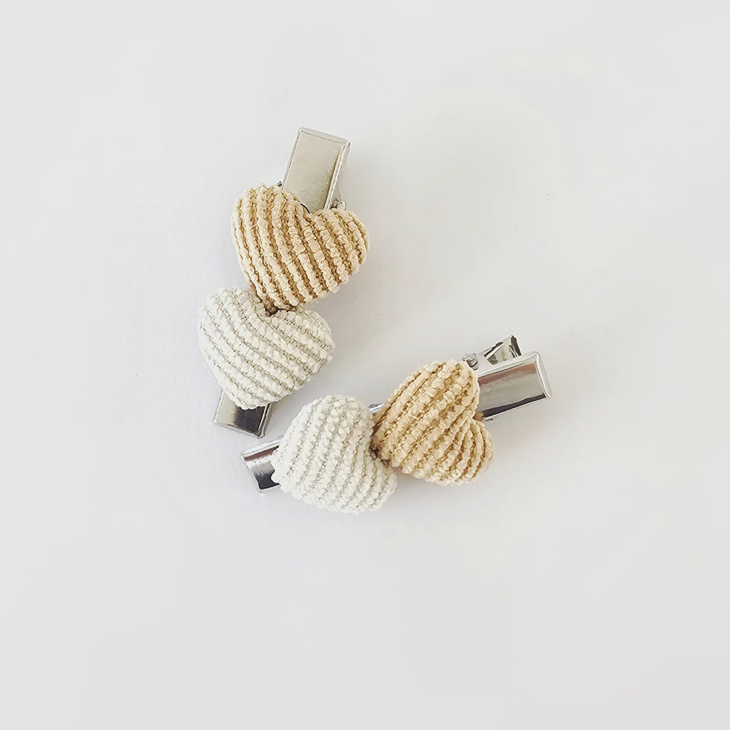 4cm Corduroy Heart Clip Duos - 3 Colour Choices