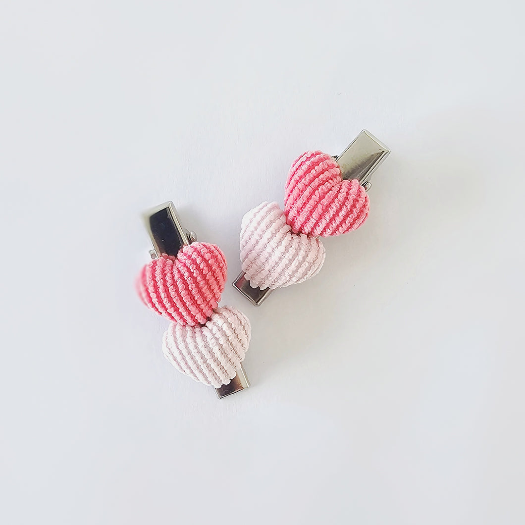 4cm Corduroy Heart Clip Duos - 3 Colour Choices