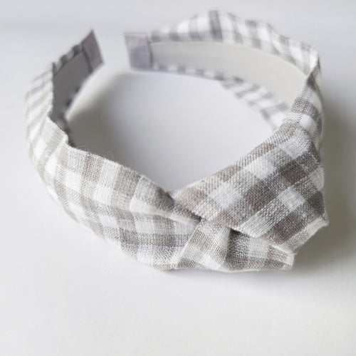 Grey Linen Gingham Knotted Headband